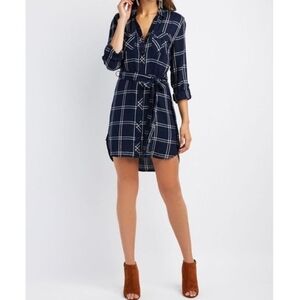 Blue Plaid Button Up Cotton Adjustable Sleeve Dress Small